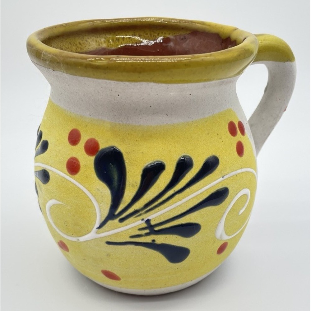 Mexican Talavera Mug Hand Painted Terracotta Yellow Blue No Signature Mark